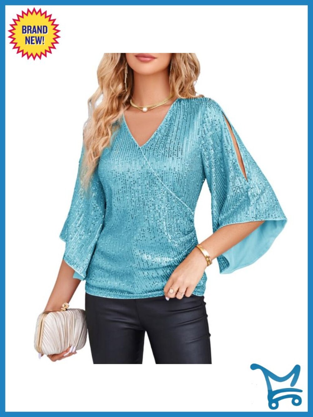 Sequin V Neck Bell Sleeve Sparkly Party Blouse